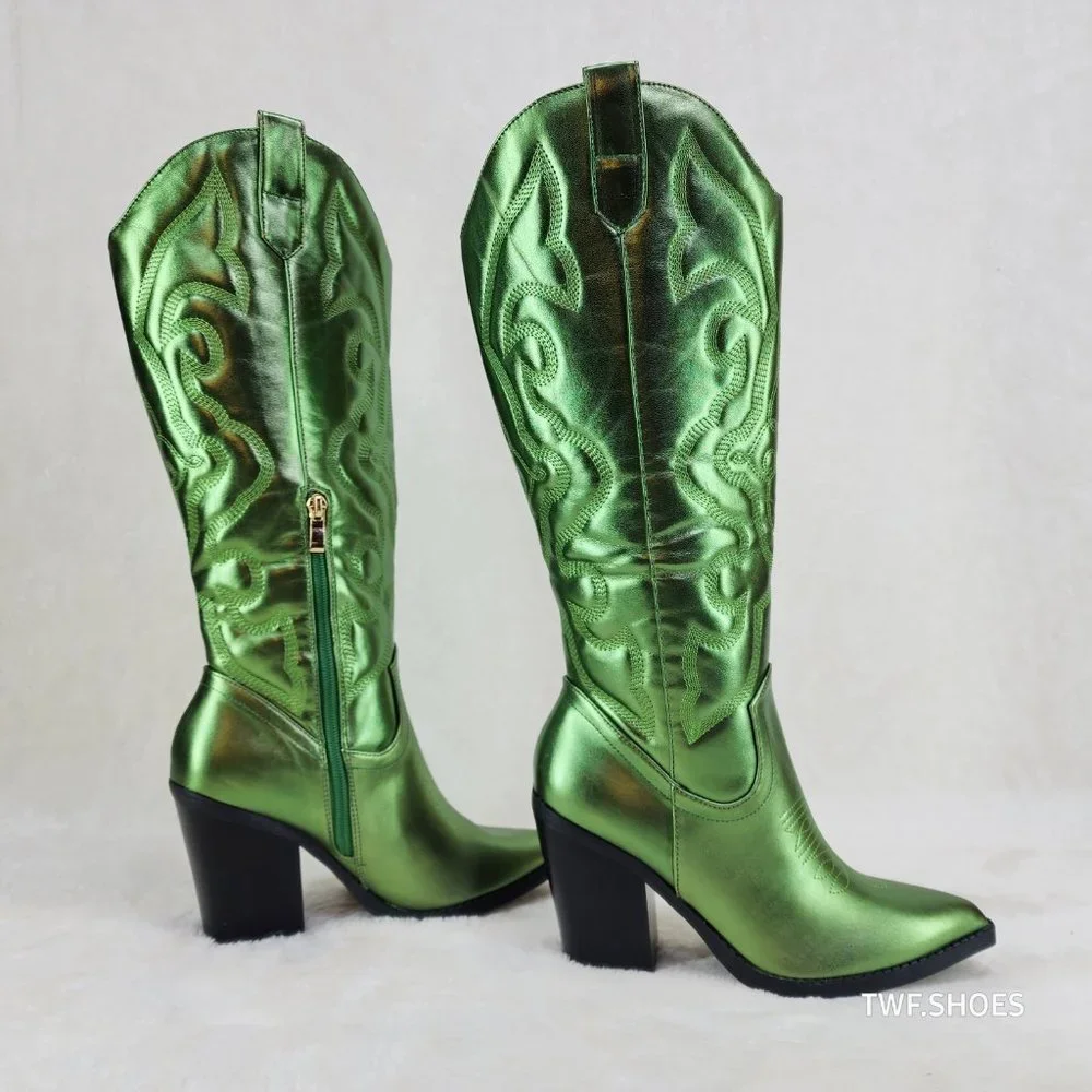 Electric Cowboy Brush Metallic Matte Western Knee High Cowgirl Boots Green - Picture 2 of 11